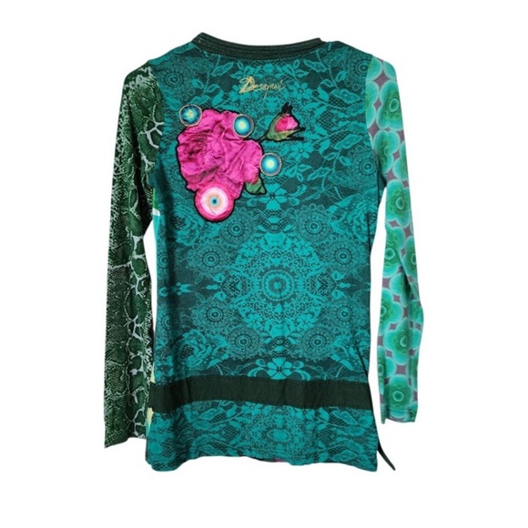DESIGUAL Patchwork Graphic Long Sleeve Top Multicolor Boho Artsy Eclectic Size S - Picture 2 of 3